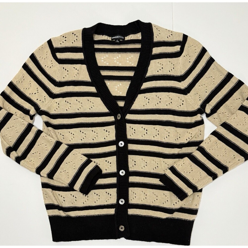 Minnie Rose Cashmere-Blend Black/Tan Cardigan Women's Sz S Button Up Knit